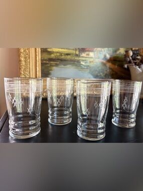 VTG MCM Cross Hatched Etched Glass Pattern 6oz Juice Glasses Set of 4